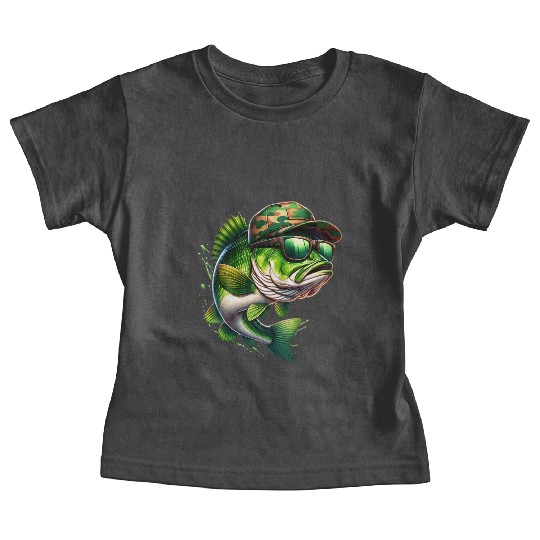 Camo Hat Bass Fish with Green Sunglasses Baby Tees