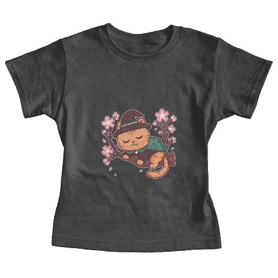 Whimsical Wizard Cat in Blooming Cherry Tree Baby Tees