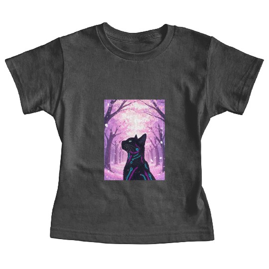 Midnight Cyber Cat | Pink Cherry Blossom Forest Baby Tees