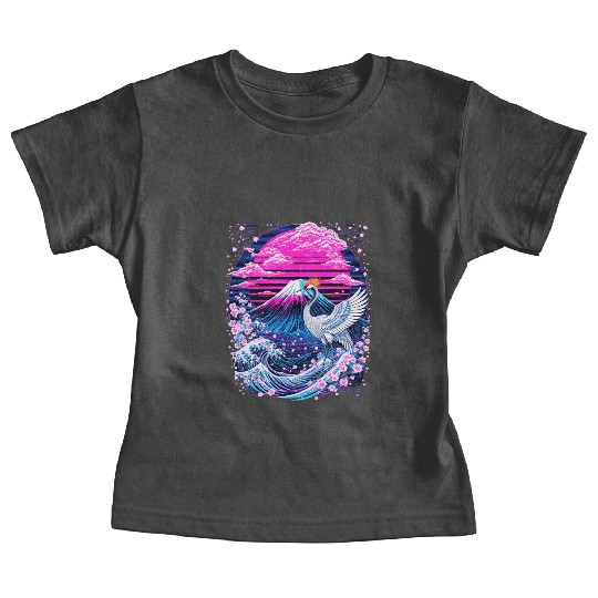 Neon Sakura Crane & Mount Fuji Scene Baby Tees