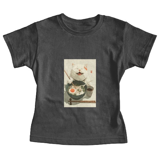 Happy White Cat Eating Ramen Baby Tees