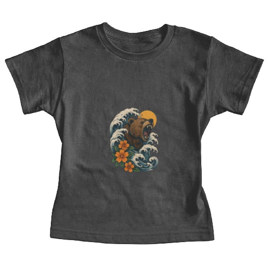 Bear Surfer Wave with Hibiscus Flowers Baby Tees