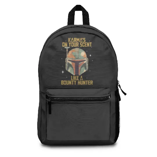 Vintage Mandalorian Inspired Backpacks, Karma Is On Your Scent Bounty Hunter Backpacks, Star Wars Backpacks, Disneyland Backpacks,  Backpacks