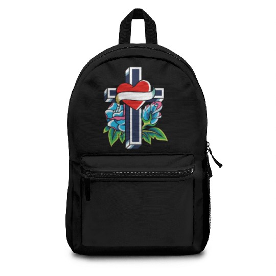 Cross with heart and roses tattoo Backpacks