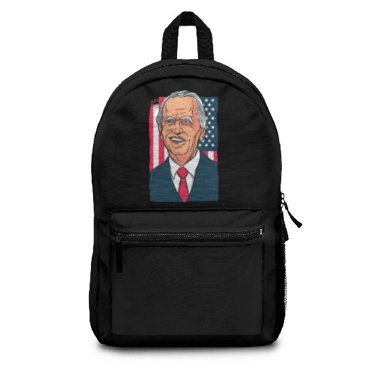 Joe Biden Cartoon Laughs with US Flag Backpacks