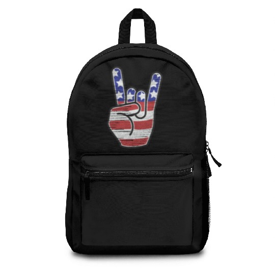 Rock n Roll USA Flag Horns Sign Retro Concert Band Backpacks