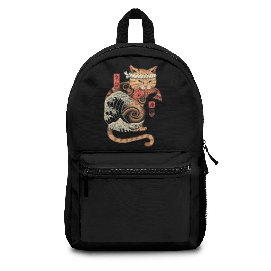 Funny Japanese Catana Wave Eating Koi Fish Backpacks