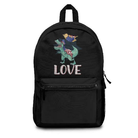 Love America Cat Dinosaur USA Flag 4th Of July Backpacks