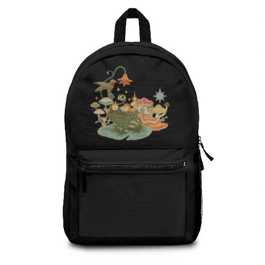 Cottagecore with frog, mushrooms and hummingbird Backpacks