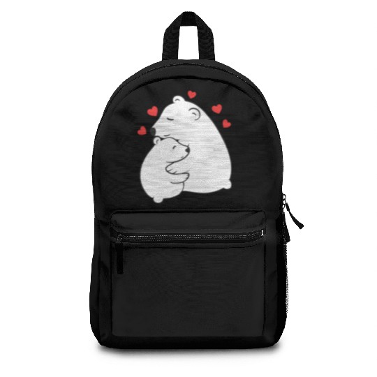 Cute Mama and Baby Polar Bear Cub Hugging Mothers Backpacks