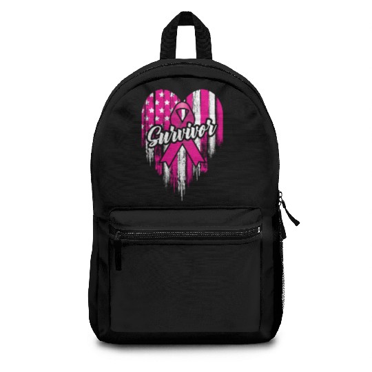 Breast Cancer Survivor Pink Ribbon American Flag Backpacks