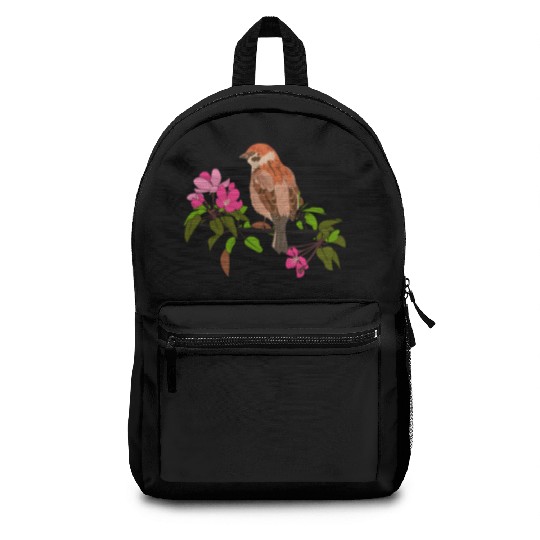 Sparrow on a branch pink flowers of an apple tree Backpacks
