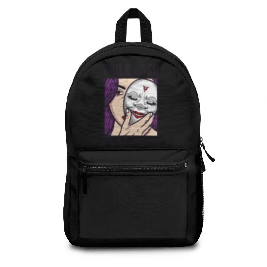 Do not be sad, keep smile. Woman with mask smile Backpacks