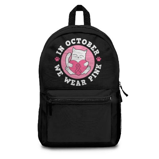 In October We Wear Pink Breast Cancer Warrior Cat Backpacks
