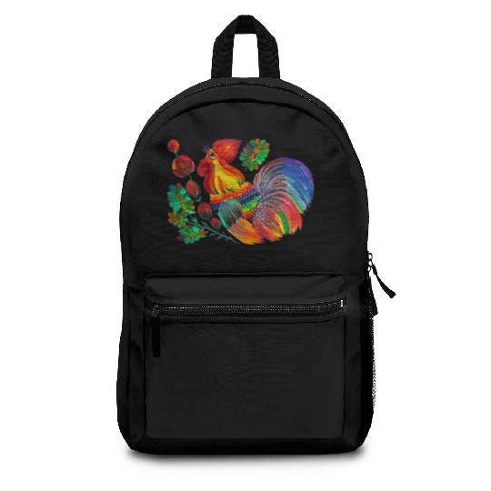 Magic cock. Petrykivka painting. Rainbow rooster Backpacks