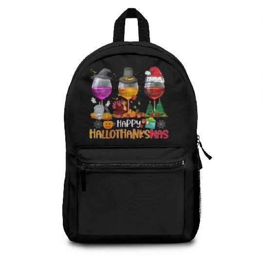 Wine Glasses Witch Santa hat Happy Hallothanksmas Backpacks