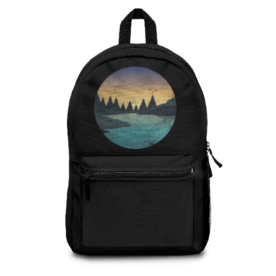 Retro River With Forest And Birds In The Sunset Backpacks