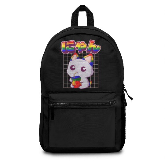 Gay Pride Kawaii Cat Strawberry Milk Rainbow Flag Backpacks