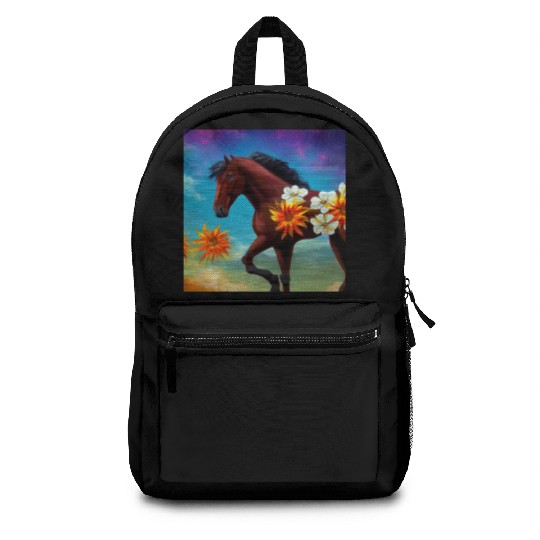 Brown horse with orange white flowers drawing Backpacks