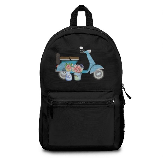Blue Retro Scooter With Tulips Art Design Backpacks