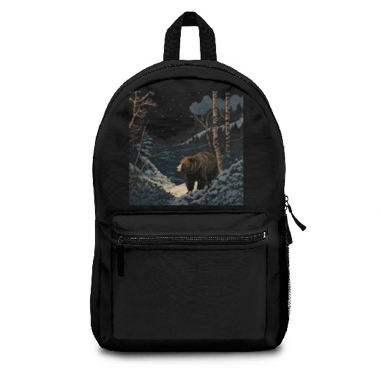 Ukiyo bear in forest landscape at night winter Backpacks