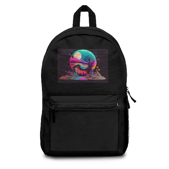 Spooky Full Moon Psychedelic Landscape Paint Drips Backpacks