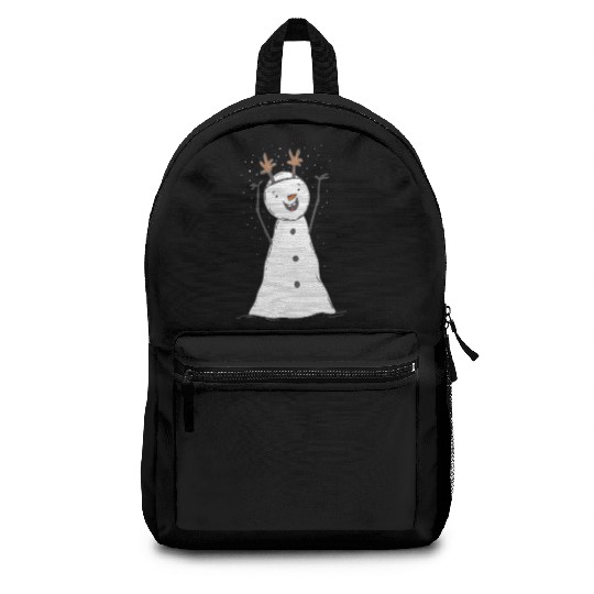 funny snowman with mustache and carrot Backpacks