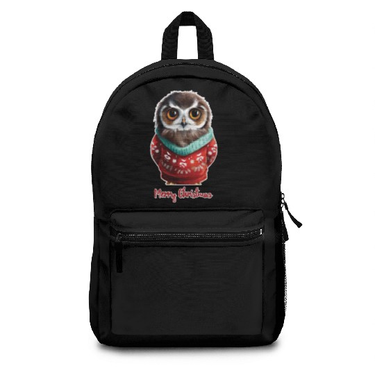 Owl in a sweater with the words Merry Christmas Backpacks