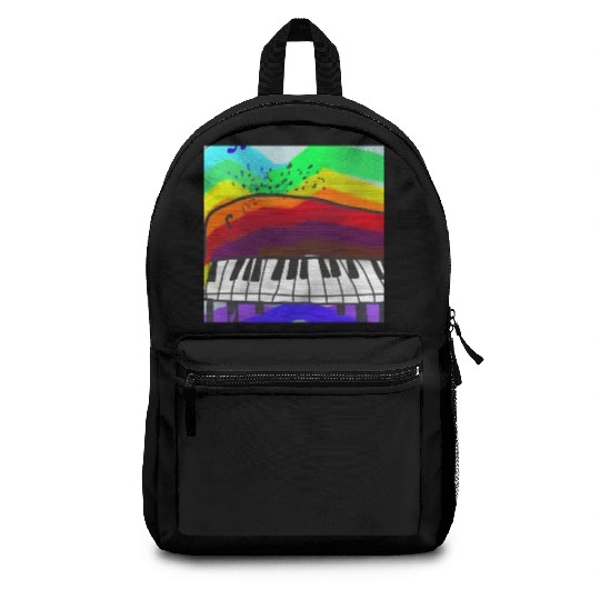A beautiful piano in front of a colorful rainbow Backpacks