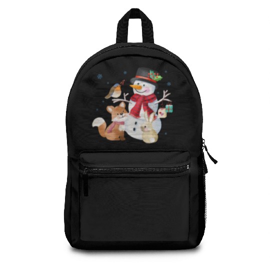 Snowman with fox, rabbit and robin Backpacks