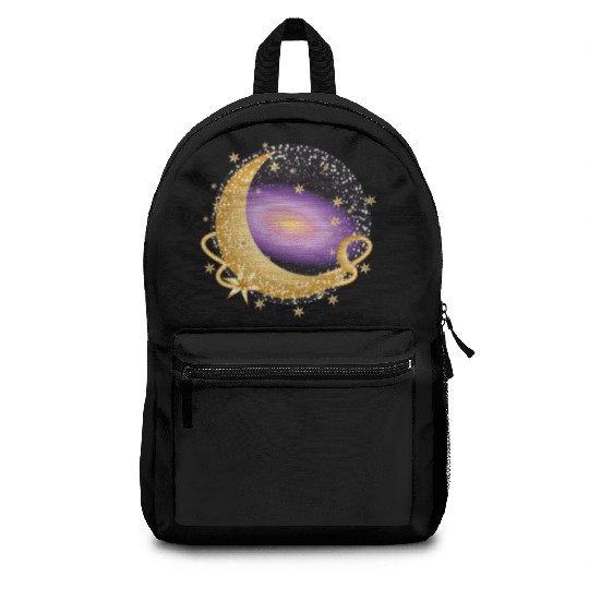 glowing violet galaxy with moon and stars Backpacks