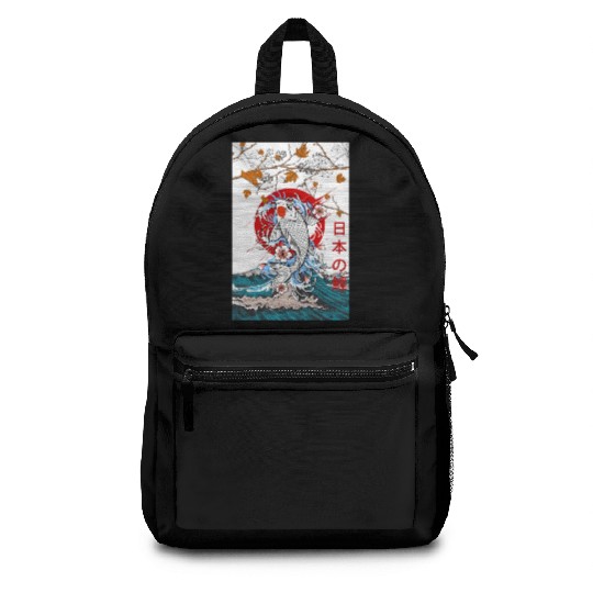 Great Wave off Kanagawa Japanese Blossom Koi Fish Backpacks