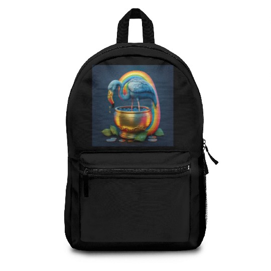 a blue flamingo on a rainbow with a golden coin Backpacks
