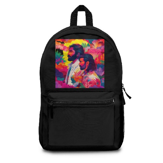 Two men standing in colorful psychedelic nature Backpacks