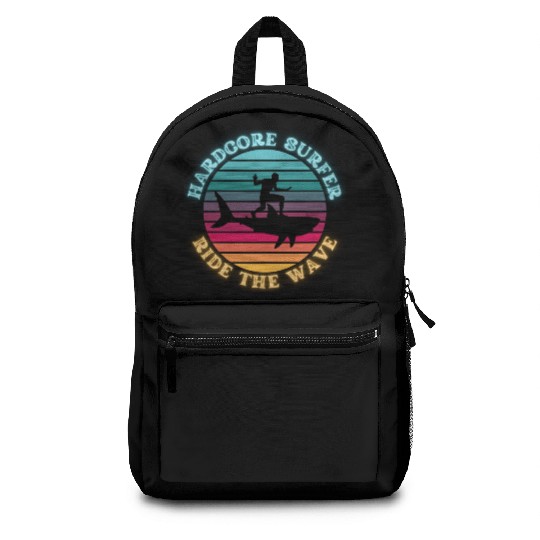 Hardcore Shark Surfer Ride the Wave Sunset Neon Backpacks