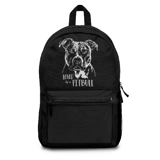 Loved by a Pitbull dog mom dog saying Backpacks