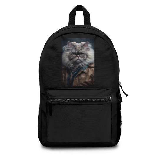 Persian Cat Breed Portrait wears a leather jacket Backpacks