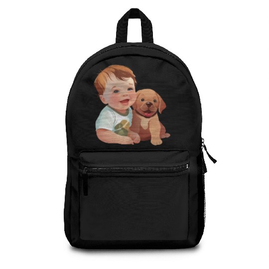 Sweet baby smiling with lovely puppy Backpacks