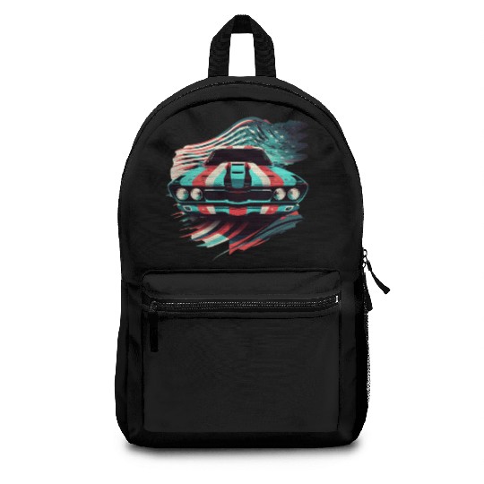 Muscle car american flag backround Backpacks