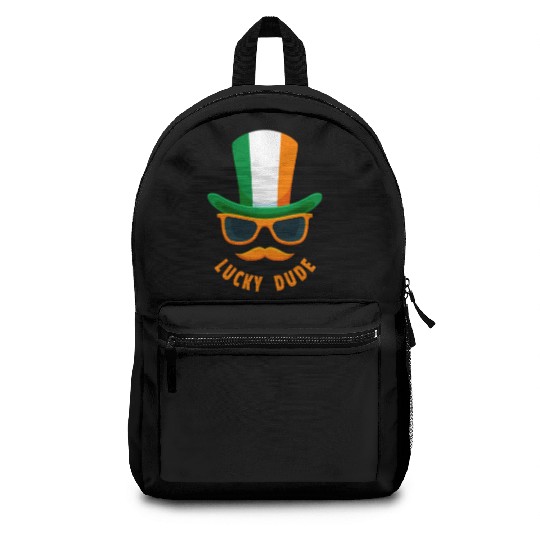 Lucky Dude, St Patricks Day, Irish, Boys T, mousta Backpacks