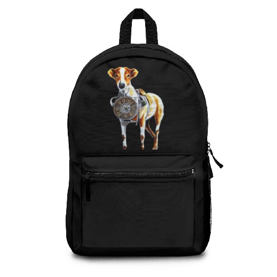 Brown White Greyhound Dog With Old Looking Clock Backpacks