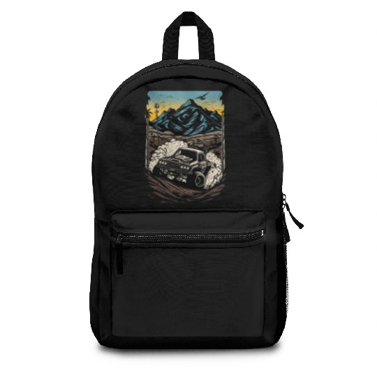 dirt racing car drawing with mountains Backpacks