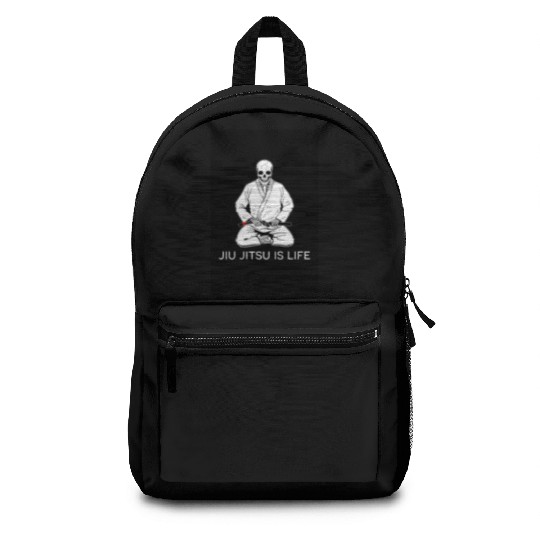 Jiu Jitsu is Life seated blackbelt skeleton poster Backpacks