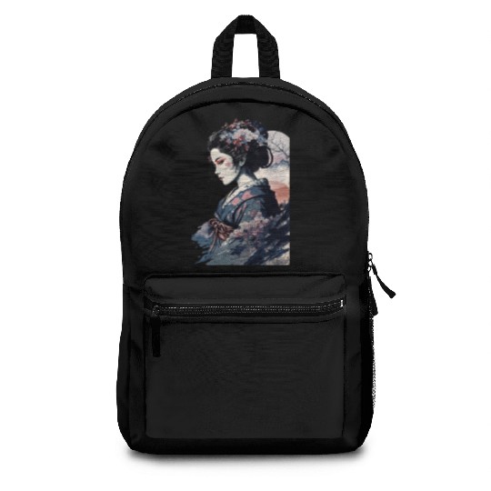 Geisha Watercolor Sea Waves Asian Art Woman Backpacks
