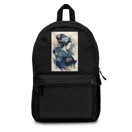 Geisha Watercolor Sea Waves Asian Art Woman Poster Backpacks