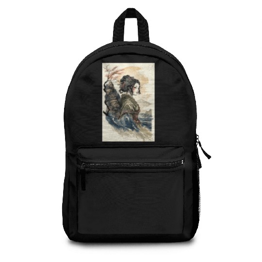 Geisha Watercolor Sea Waves Asian Art Woman Poster Backpacks