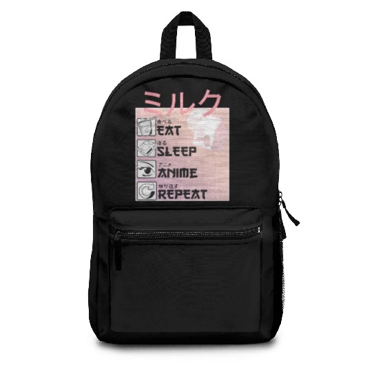 Eat Sleep Anime Repeat Straweberry Milk Japanese Backpacks