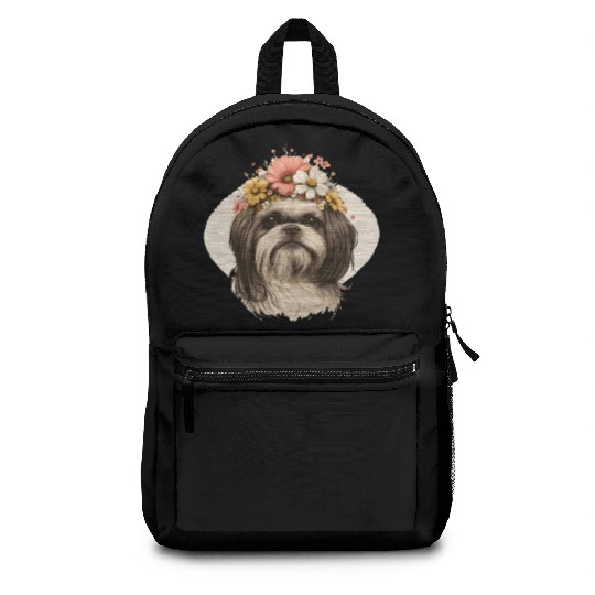 Cute Shih Tzu Flower Crown Pet Dog Breed Floral Pu Backpacks