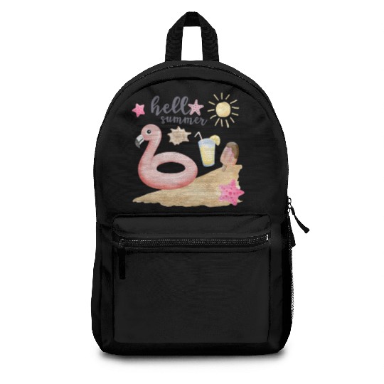 Hello summer sunset Beach summertime pink flamingo Backpacks