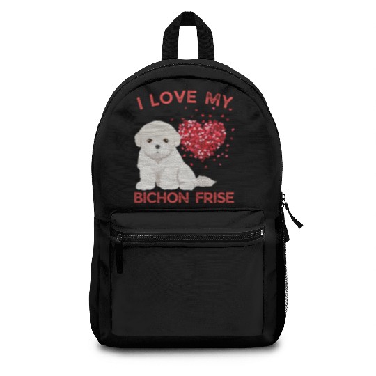 I love my Bichon Frise Cute valentines puppy dog Backpacks